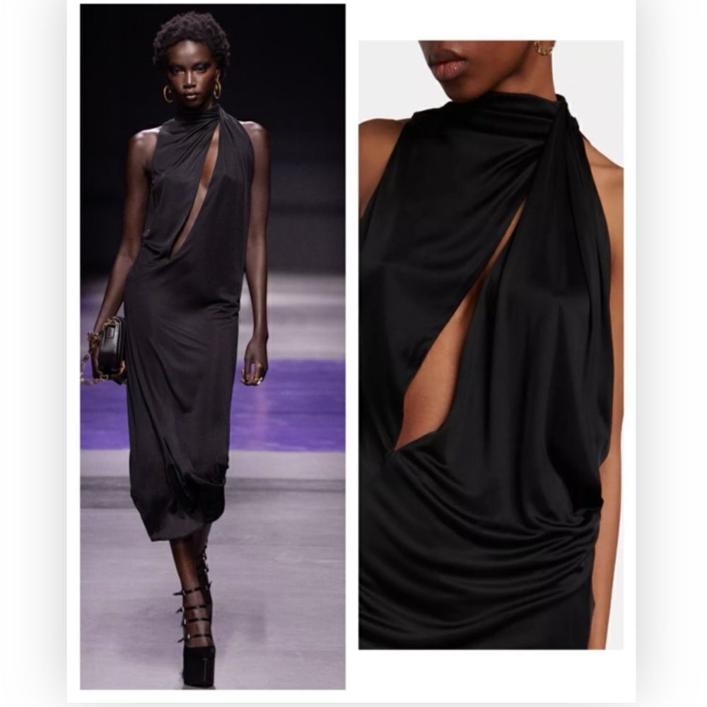 VERSACE  Draped Black Jersey Cutout Front Midi Dress 4 NWT $2725